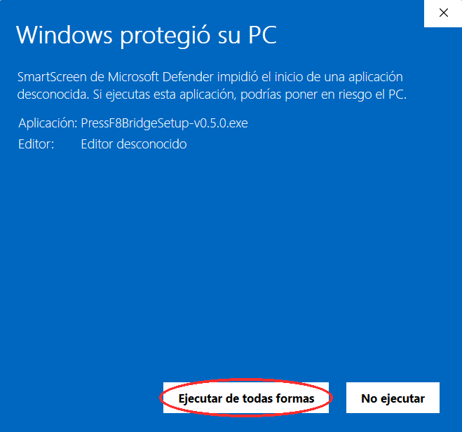 Windows protegió su PC — clic en Ejecutar de todas formas